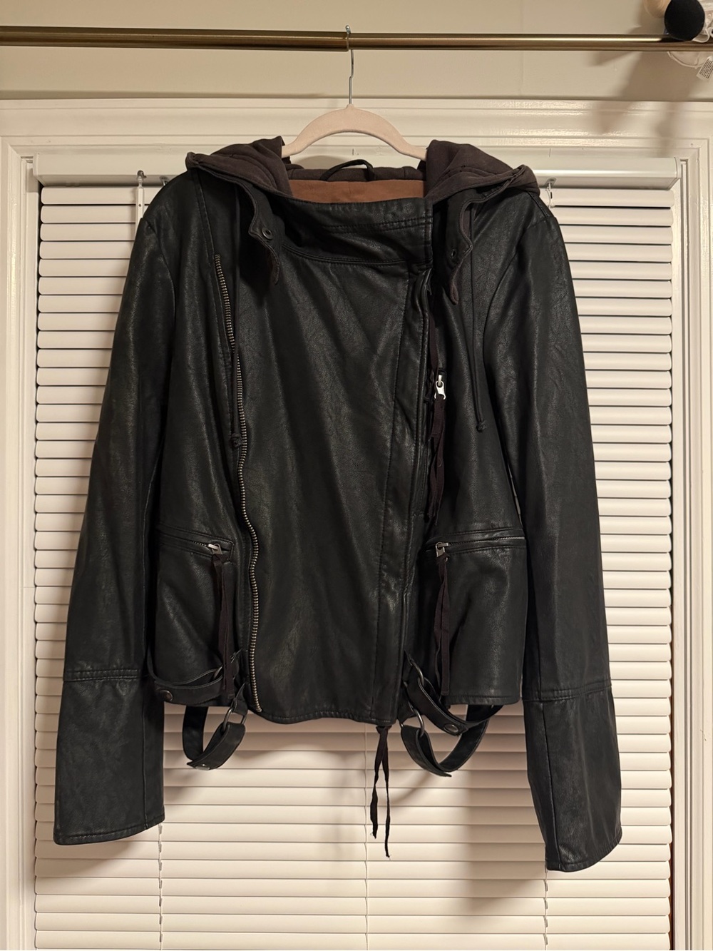 We The Free Black Faux Leather Hooded Moto Jacket
